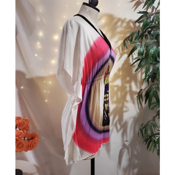 Vtg Rampage Y2K V-Neck Babydoll Batwing Sleeve Top Size S Tribal Tiki Mask Aztec - Picture 5 of 10